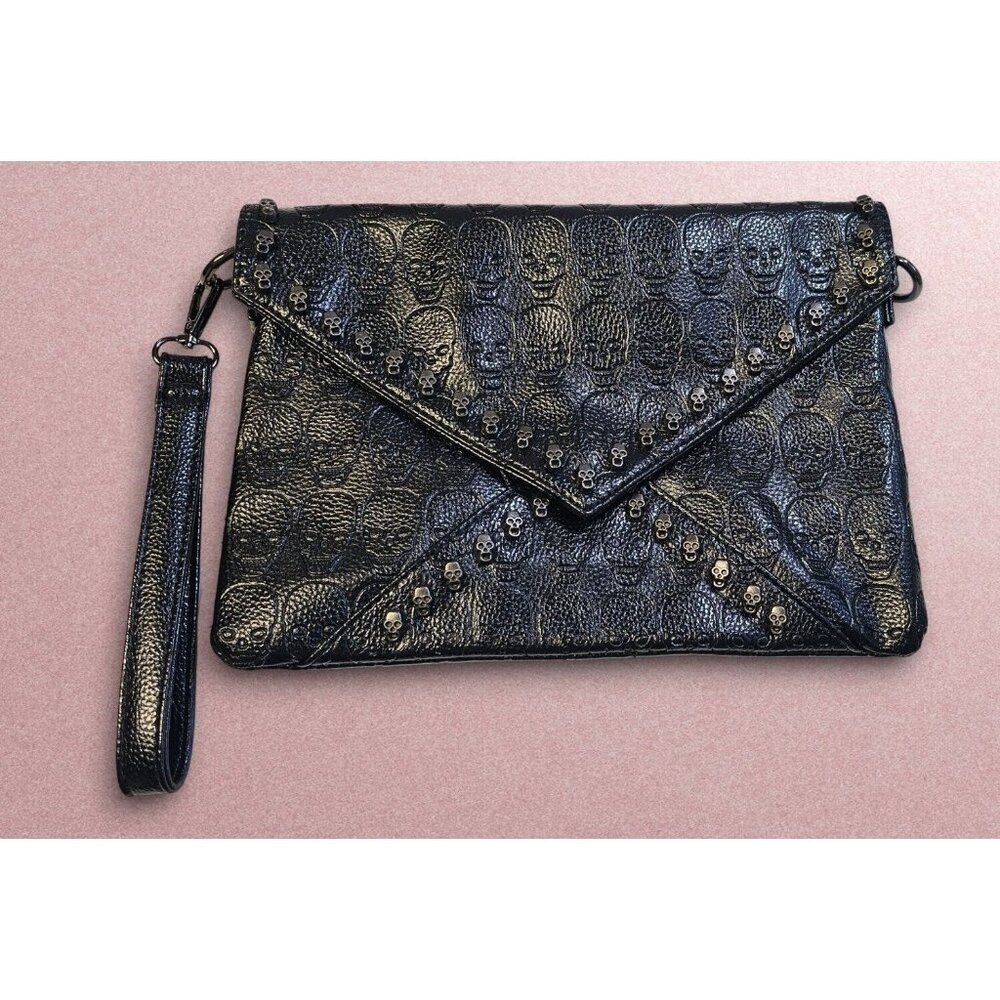 Black 11"x 8" Skull Embossed Gothic Halloween Hand Shoulder Bag Purse Goth Punk